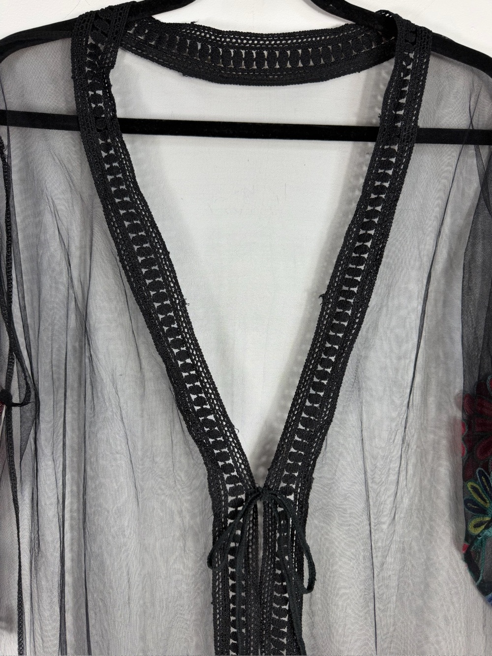 Boho Black Sheer Mesh Embroidered Floral Fringe Kimono Cover Up Duster OS - Picture 3 of 10